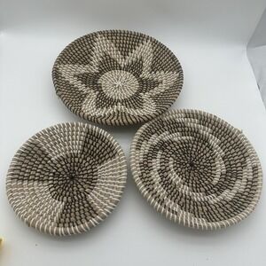 Boho Coiled Seagrass Baskets Decorative Set Of 3  14" 12" 10" Black, White,Beige